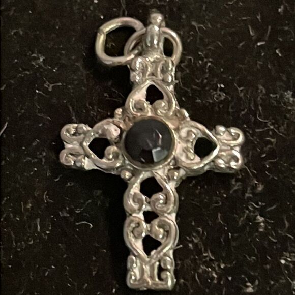 1” silver tone cross w/black onyx colored bead charm/pendant w/jump hoop - Picture 6 of 9